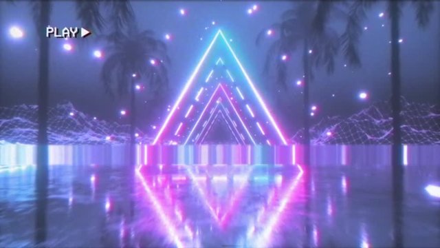 Flying in a retro futuristic space with glowing neon triangle in the style of the 80s. The effect of the old film cassette with noise, interference and distortion. Seamless loop 3d render