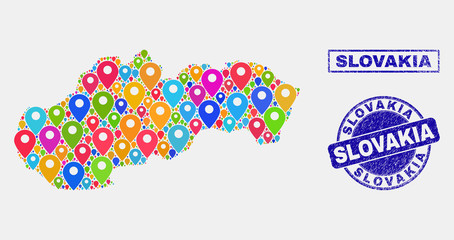 Vector bright mosaic Slovakia map and grunge stamp seals. Flat Slovakia map is designed from scattered bright navigation locations. Seals are blue, with rectangle and round shapes.