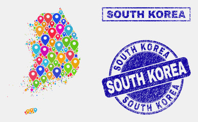 Vector bright mosaic South Korea map and grunge stamp seals. Abstract South Korea map is created from randomized colorful map positions. Stamp seals are blue, with rectangle and round shapes.