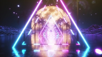 80's Abstract retro futuristic background. Beautiful animation with ultraviolet neon triangle modern lights. Retro wave stylization. Flying in space with particles and palm trees