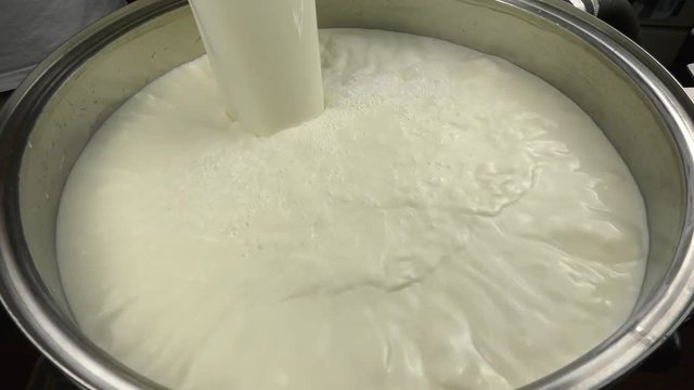 Filling the tank with stainless steel milk with a temperature sensor for pasteurization