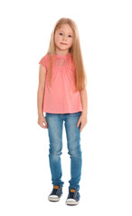 Fototapeta premium Full length portrait of cute little girl in casual outfit on white background