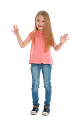 Full length portrait of cute little girl in casual outfit on white background