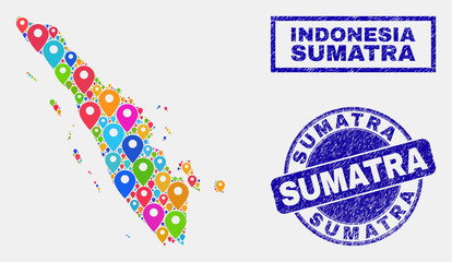 Vector bright mosaic Sumatra map and grunge seals. Flat Sumatra map is designed from scattered bright geo locations. Seals are blue, with rectangle and rounded shapes.