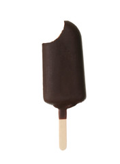 Woman holding delicious ice cream with chocolate against white background