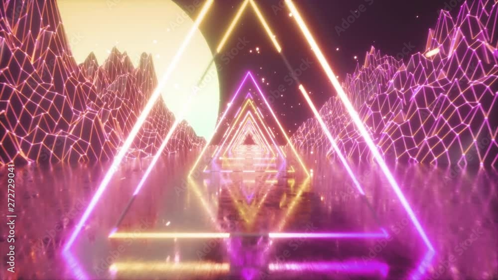 Poster 80's abstract retro futuristic background. beautiful animation with ultraviolet neon triangle modern