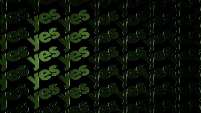 Abstract space filled of threedimensional metal logotypes with words "Yes" moving on black background. Animation. Motivation and logos concept.