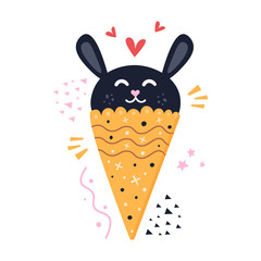 Rabbit in ice cream cone hand drawn illustration. Greeting card, banner, poster design element on the white background.