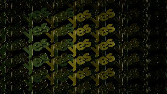 Abstract space filled of duplicated 3d metal logotypes with words "Yes" moving on black background. Animation. Motivation and logos concept.
