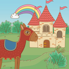 Medieval horse and castle of fairytale design vector illustration