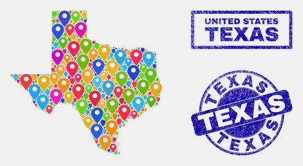 Vector bright mosaic Texas State map and grunge seals. Flat Texas State map is composed from scattered bright geo symbols. Seals are blue, with rectangle and round shapes.
