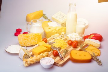 Dairy Products- Cheeses and Milk on the Grey Background