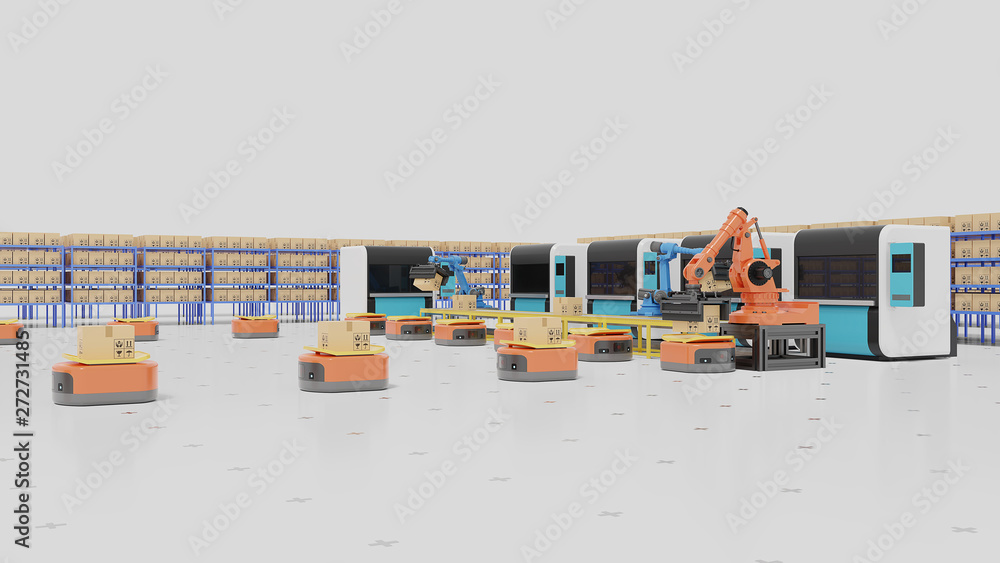 Poster factory automation with agvs, 3d printers and robotic arm,3d rendering