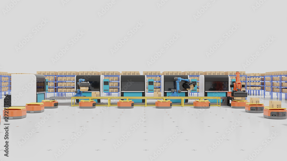 Poster factory automation with agvs, 3d printers and robotic arm,3d rendering