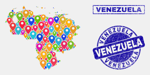Vector colorful mosaic Venezuela map and grunge stamp seals. Abstract Venezuela map is designed from randomized bright geo symbols. Stamp seals are blue, with rectangle and rounded shapes.