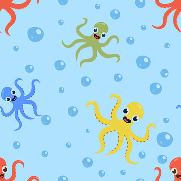 Seamless underwater pattern with cute octopuses Vector cartoon illustration