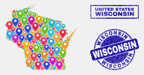 Vector colorful mosaic Wisconsin State map and grunge seals. Flat Wisconsin State map is designed from randomized colorful site markers. Seals are blue, with rectangle and rounded shapes.