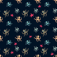 Fototapeta na wymiar Seamless underwater pattern with cute octopuses Vector cartoon illustration