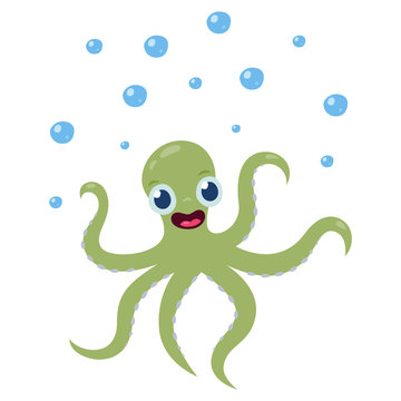 A cheerful, cute octopus is smiling underwater in the sea Vector isolated illustration in cartoon style.