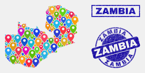 Vector bright mosaic Zambia map and grunge seals. Abstract Zambia map is designed from randomized colorful navigation markers. Seals are blue, with rectangle and round shapes.