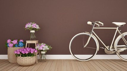 Fototapeta na wymiar Bicycle and colorful flower on living area in the brown room - Interior design for for artwork - 3D Rendering