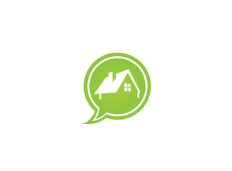A small green home symbol with window and chimney for logo design illustration in a chat shape icon