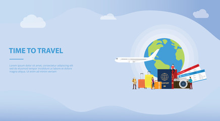 Obraz premium travelling or travel holiday concept with tourist and plane with passport and ticket for website template or landing homepage - vector