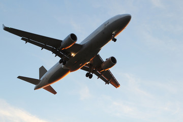 plane flies on a journey in the blue sky