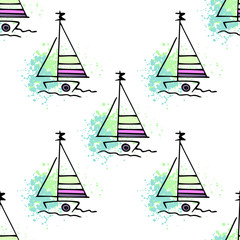 Childish pattern yachts silhouette on wave.