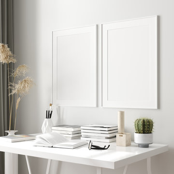 Fototapeta Mock up poster frame in workspace, Scandinavian style, 3d render