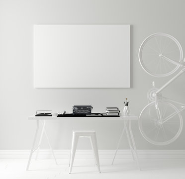 Mock up poster frame in workspace, Scandinavian style, 3d render