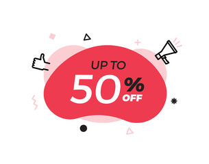 Modern abstract vector banner with up to 50% offer special sale text. 50 percent price discount. Red shape graphic design element for advertising campaigns. Vector illustration with geometric shape
