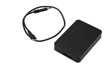 External hard drive for storing and transferring various files on a white background