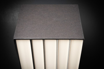 A set of five monochromatic cloth-bound books stored inside a black hard cardboard slipcase set on...