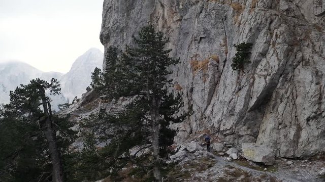 Hiking from the famous Valbona to Theth valley. Valbone to Thethi in the Albanian Alps. Man backpacking and camping in the mountains.