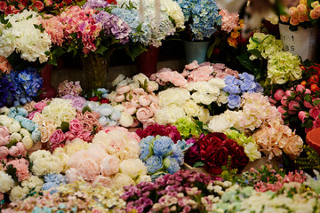 Various flowers at flower shop 