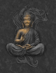 Golden Seated Buddha in a Lotus Pose - digital art collage combined with on dark background and stylized Bodhi tree