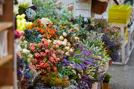Various flowers at flower shop 