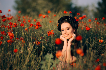 Beautiful Woman with Flower Crown in a Field of Poppies