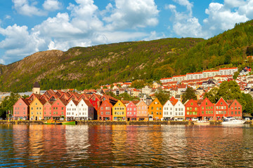 The colorful of bergen in summer. The historical building in Bryggen district with brilliant color and beautiful blue sky with clouds in Bergen, Norway - 272740827