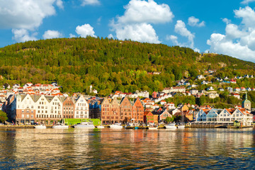 The colorful of bergen in summer. The historical building in Bryggen district with brilliant color and beautiful blue sky with clouds in Bergen, Norway - 272740854