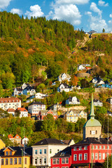 Beautiful blue sky in autumn summer at Floyen mountain and the city in Bergen, Norway - 272740879