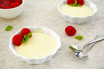 White chocolate custard with raspberries