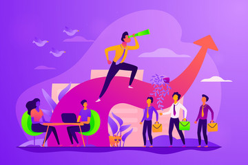 Business leadership, managing skills, leadership training plan and success achievement concept. Vector isolated concept illustration with tiny people and floral elements. Hero image for website.