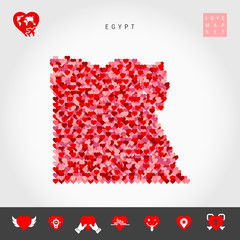 I Love Egypt. Red and Pink Hearts Pattern Vector Map of Egypt Isolated on Grey Background. Love Icon Set.