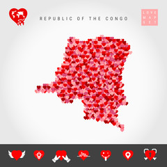 I Love Republic of the Congo. Red and Pink Hearts Pattern Vector Map of Republic of the Congo Isolated on Grey Background. Love Icon Set.