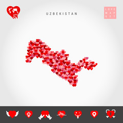 I Love Uzbekistan. Red and Pink Hearts Pattern Vector Map of Uzbekistan Isolated on Grey Background. Love Icon Set.