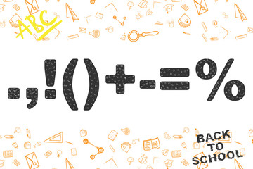 Back to school. original font, with doodles of icons on the theme of education.