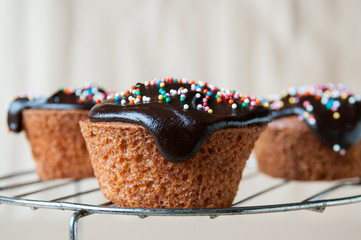 Three fresh muffins with chocolate sauce and decorative sprinkles are on the table