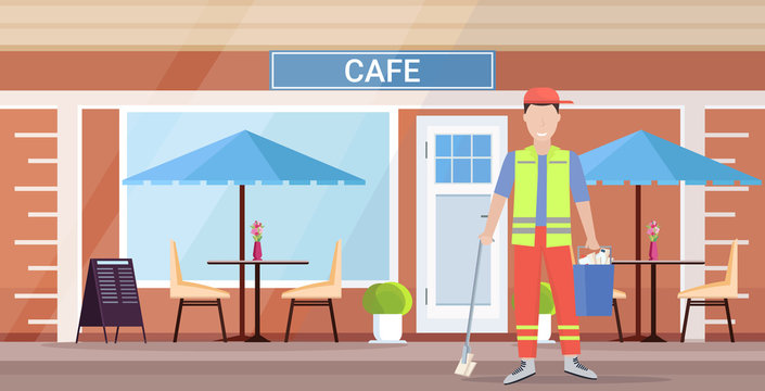 man cleaner in uniform holding bucket with supplies and mop male janitor cleaning service concept modern city street cafe building exterior flat full length horizontal